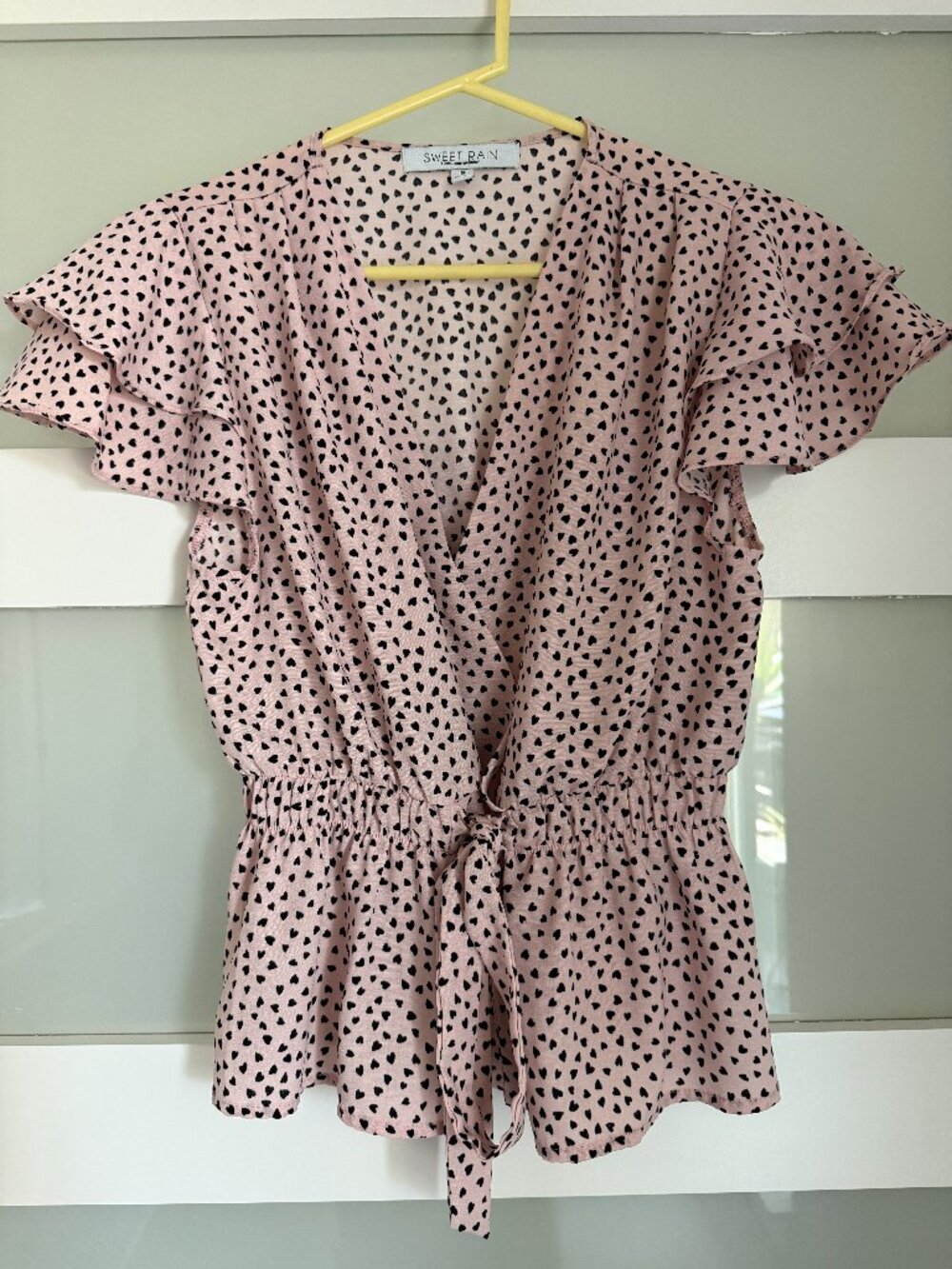 Sweet Rain Blush Pink Black Heart Print Wrap Flutter Sleeve Top